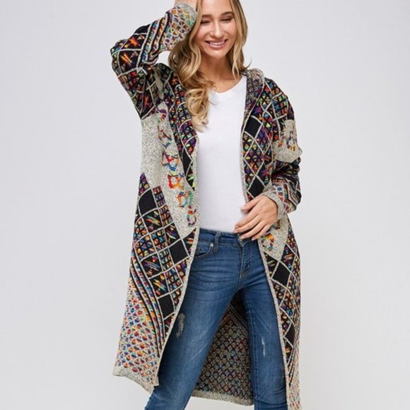 new ON BLUE SWEATER Yellowstone CARDIGAN BOHO WESTERN AZTEC rainbow DUSTER XS-S - Picture 4 of 9